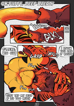 anthro anthro_on_anthro anthro_penetrated anthro_penetrating anthro_penetrating_anthro asphyxiation balls big_balls big_penis blush bodily_fluids choking deep_throat dialogue duo ear_piercing ear_ring erection face_fucking genital_fluids genitals huge_penis humanoid_genitalia humanoid_penis hyper hyper_genitalia hyper_penis irrumatio male male/male male_penetrated male_penetrating male_penetrating_male neck_bulge neck_grab nipples nude open_mouth oral oral_penetration penetration penile penile_penetration penis penis_in_mouth piercing ring_piercing rough_sex sex speech_bubble tail text throat_swabbing tongue picantetortuga darius_(picantetortuga) juno_(picantetortuga) canid canine demon felid mammal pantherine tiger absurd_res comic digital_media_(artwork) english_text hi_res