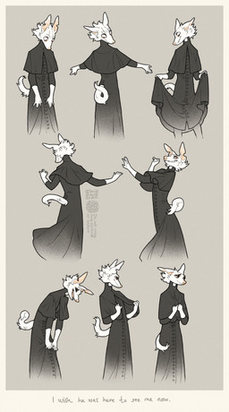 anthro black_clothing black_robe clothing curled_tail facial_markings fluffy footwear fur head_markings male markings priest priest_robes robe shoes solo tail white_body white_fur kalpeakoira machete_(kalpeakoira) canid canine canis domestic_dog mammal hi_res