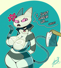 ambiguous_gender anthro big_breasts breasts clothing duo female female_focus huge_breasts pink_eyes solo_focus tail teeth text thick_thighs juanp1arts adventure_time cartoon_network me-mow felid feline felis mammal absurd_res digital_media_(artwork) english_text hi_res