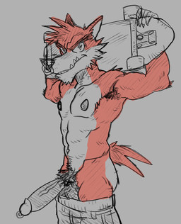 anthro armpit_hair balls body_hair bottomwear bottomwear_down circumcised claws clothed clothing facial_piercing finger_claws fur genital_piercing genitals glans holding_object humanoid_genitalia humanoid_penis looking_at_viewer male nipples nose_piercing nose_ring pants pants_down partially_clothed penis penis_piercing piercing prince_albert_piercing pubes red_body red_fur ring_piercing sharp_teeth simple_background skateboard solo teeth vehicle tomayto_(tuhmayto) atlus go!_go!_hypergrind sega decker canid canine canis mammal wolf hi_res