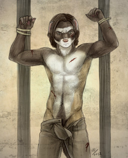 5_fingers anthro biped blood bodily_fluids bottomwear bound brown_hair captured claws clothed clothing fingers front_view green_eyes hair looking_at_viewer male medieval navel pants pink_nose prisoner solo standing submissive submissive_male topless wounded conditional_dnp moodyferret jarreth_(moodyferret) domestic_ferret european_polecat mammal mustelid musteline true_musteline weasel 2012
