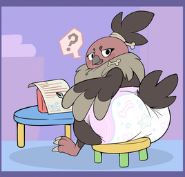 3_toes accessory ambiguous_gender anthro beak blush blush_stickers border brown_body brown_feathers chair clean_diaper clothed clothing diaper diaper_only feathers feet folded_diaper furniture grey_beak grey_body grey_feathers grey_talons hair_accessory hairband head_feathers holding_object holding_pen looking_back makeup mascara on_chair paper pen pink_body purple_border question_mark simple_background sitting solo speech_bubble table talons toes topless wearing_diaper bubblepuppers nintendo pokemon carrie_(screweverything) generation_5_pokemon pokemon_(species) vullaby full-length_portrait hi_res portrait
