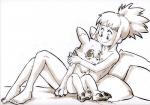 anthro bed black_sclera breasts chibi duo embarrassed female fluffy furniture hair hug neck_tuft nipples nude pawpads pillow small_breasts smile tuft young young_anthro young_female young_human daigaijin bandai_namco digimon kidrena rika_nonaka canid canine digimon_(species) human mammal renamon 2018 traditional_media_(artwork)