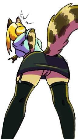 angry anthro blonde_hair breasts butt clothed clothing female fluffy fluffy_tail fur fur_markings genitals gesture hair hand_gesture hand_on_wrist legwear markings nipple_outline nude pointing simple_background solo tail tail_markings thick_thighs vulva rojeck felid feline mammal 2025 9:16 hi_res
