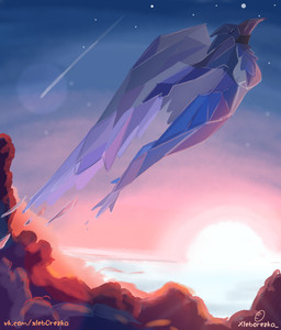 anthro cloud crystal flying sky solo star sun sunrise sunset text wings xleb0rezka avian bird hi_res url