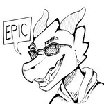 anthro clothing eyebrows eyewear glasses grin hoodie horn male smile snout solo teeth text topwear newt_wolfbuck mythology kabal_manegold dragon mythological_creature mythological_scalie scalie wingless_dragon 1:1 headshot_portrait hi_res monochrome portrait