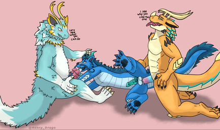 2_penises 4_fingers anal anal_penetration animal_genitalia animal_penis antennae_(anatomy) anthro anthro_on_anthro balls blue_body blue_eyes blue_fur blush bodily_fluids butt canine_genitalia claws cum cum_drip cum_in_ass cum_in_mouth cum_inside dripping ejaculation erection feet fellatio fingers fur genital_fluids genitals green_eyes group group_sex hair hemipenes horn knot male male/male male_penetrated male_penetrating male_penetrating_male mane multi_genitalia multi_penis muscular nude open_mouth oral orange_body orange_eyes orange_scales orgasm_face orgy pawpads penetration penile penis scales sex simple_background spikes tail text toe_claws tongue trio henrydrago mythology arion_(henrydrago) evildraak henrydiamond dragon furred_dragon furred_scalie mythological_creature mythological_scalie scalie absurd_res digital_media_(artwork) english_text hi_res