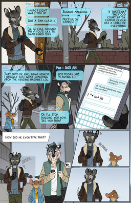 anthro backpack biped brown_eyes building cellphone clothed clothed_anthro clothing container cup drinking electronics emoticon female fur grey_body grey_fur group head_tuft holding_cellphone holding_container holding_cup holding_object holding_phone holding_smartphone inner_monologue kaomoji looking_at_cellphone looking_at_object looking_at_phone male message_box outside phone plant pointy_ears prick_ears side_eye smartphone snout tan_body tan_fur text text_box text_message texting thinking tree trio tuft tusks walking whiskers yellow_sclera falco_works pen_(falco_works) cervine deer felid mammal murid murine pantherine rat rodent tiger tufted_deer 2024 comic digital_media_(artwork) english_text hi_res multiple_scenes