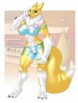 anthro black_sclera breasts clothing female fluffy fluffy_tail fur genitals muscular muscular_anthro muscular_female nipples panties pussy small_waist solo tail underwear yellow_body yellow_fur thunder-renamon bandai_namco digimon canid canine digimon_(species) mammal renamon hi_res