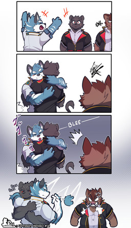 anthro black_body black_fur bleh blue_body blue_fur blush brown_body brown_fur clothing duo eyes_closed fur glaring_at_another hug making_faces male male/male mocking multicolored_body multicolored_fur onomatopoeia school_uniform sound_effects striped_body striped_fur stripes taunting teasing text tongue tongue_out uniform renniefication knights_college argo_northrop hermann_(knights_college) theo_prinz_von_hirschreich canid canine canis felid mammal pantherine suid suine sus_(pig) wild_boar wolf absurd_res comic english_text hi_res