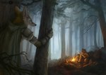 anthro campfire cloak clothed clothing detailed_background duo_focus feral forest group male plant sitting smile tree kenket tangletorn brenna_(tangletorn) trell avian bear bird canid canine corvid corvus_(genus) fox mammal oscine passerine raven 2019