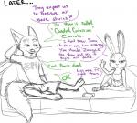 anthro blush canid canine clothed clothing comic disney duo european_rabbit eyewear female fox fully_clothed fur furniture hi_res judy_hopps lagomorph larger_male leporid male mammal nick_wilde oryctolagus progressoftomorrow rabbit red_fox size_difference smaller_female sofa true_fox zootopia