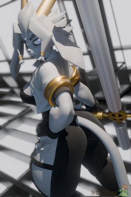 anthro antlers big_butt breasts bubble_butt butt clothed clothing dream_breaker_(pseudoregalia) female fur grey_body grey_fur hair horn looking_at_viewer solo tail thick_thighs weapon nthclover warfaremachine_(modeler) pseudoregalia sybil_(pseudoregalia) warfare_sybil bovid caprine goat jackalope lagomorph leporid mammal rabbit 2:3 3d_(artwork) digital_media_(artwork) hi_res