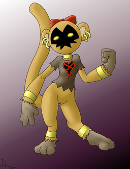 anthro biped bottomless brown_body brown_fur clothed clothing female fur genitals gradient_background looking_at_viewer ribbons ring simple_background solo standing vulva yellow_eyes danaume disney kingdom_hearts square_enix bouncywild haplorhine heartless mammal monkey primate 2013 hi_res