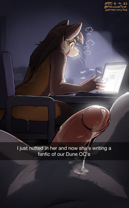 after_sex anthro balls biped bodily_fluids brown_hair brown_tail butt computer cum dick_pic duo electronics erection eyewear fanfiction female female_anthro fingers first_person_view fur genital_fluids genitals glans glasses grey_body grey_fur hair inside laptop male male_pov mouth_closed nude nude_anthro nude_female nude_male penis round_glasses side_view sitting tail text typing wearing_glasses whiskers the-minuscule-task he_just_nut_in_me_and_started_playing snapchat keiko_(the-minuscule-task) ailurid mammal red_panda 2025 absurd_res dated digital_drawing_(artwork) digital_media_(artwork) english_text hi_res url