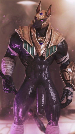 abs anthro armor bandage big_penis brown_body brown_fur clothing fur gauntlets genitals glistening glistening_body glistening_genitalia glistening_penis gloves glowing glowing_eyes half-erect handwear male mostly_nude muscular muscular_anthro muscular_male nipples pauldron pecs penis pubes solo staff phukart league_of_legends riot_games tencent nasus_(lol) anubian_jackal canid canine canis jackal mammal 3d_(artwork) 9:16 digital_media_(artwork) hi_res signature