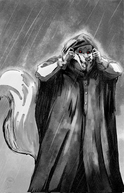 alternate_costume alternative_fashion anthro button_(fastener) cheek_tuft cloak clothing coat facial_markings facial_tuft fluffy fluffy_tail fuzzy gloves handwear head_markings hood hood_up looking_at_viewer male markings mask_(marking) open_mouth raincoat raining red_eyes smile solo standing tail teeth topwear tuft howdypeepos dreamworks puss_in_boots_(franchise) death_(puss_in_boots) canid canine canis mammal wolf hi_res monochrome