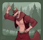 anthro biped black_eyes countershade_fur countershading fur gesture hand_gesture male muscular muscular_anthro muscular_male pointing pointing_up red_body red_fur solo white_body white_countershading yellow_sclera adolfinafon hank_howell_(piti_yindee) canid canine canis mammal wolf 2024 hi_res