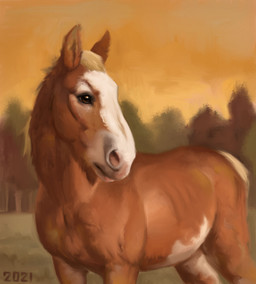 ambiguous_feral ambiguous_gender blonde_hair brown_body brown_eyes brown_fur feral fur grass hair looking_aside markings orange_sky plant quadruped sky solo standing white_markings alexpahomov clydesdale draft_horse equid equine horse mammal 2021