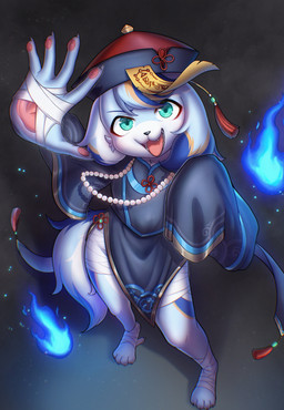 anthro asian_clothing bandage beaded_jewelry beaded_necklace beads blue_body blue_fire blue_fur claws clothed clothing colored_fire east_asian_clothing finger_claws fire floppy_ears fluffy fluffy_tail fulu fur green_eyes hat headgear headwear high-angle_view jewelry jiangshi_costume kemono looking_at_viewer male necklace solo tail talisman toe_claws young young_anthro young_male xiao_langao asian_mythology chinese_mythology east_asian_mythology mythology canid canine canis domestic_dog ghost jiangshi mammal spirit undead absurd_res hi_res