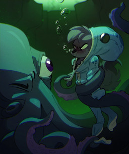 anthro bubble clothing duo eye_contact feral holding_breath kigurumi looking_at_another male observing onesie squeezing thinking underwater water rexyseven aquatic canid canine cephalopod coleoid fennec_fox fox mammal mollusk octopodiform octopus true_fox hi_res