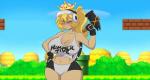 animal_humanoid big_breasts blonde_hair blue_eyes bottomwear breasts cleavage clothed clothing crown female gloves hair hammer hammer_bro hand_on_hip handwear headgear holding_object humanoid koopa mario_bros mastergodai navel nintendo one_eye_closed outside pale_skin ponytail reptile reptile_humanoid scalie scalie_humanoid shell shirt shorts smile solo super_crown tank_top tools topwear wide_hips wink