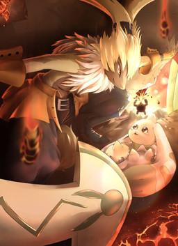 anthro baby_digimon beady_eyes bodily_fluids bottomwear clothing crying fire fluffy fluffy_chest fur gloves group handwear horn long_ears male neonate pants ponytail_ears protective shirtless smile tears white_body white_fur yellow_body yellow_fur young fuyofink bandai_namco digimon digimon_(species) symbareangoramon terriermon hi_res