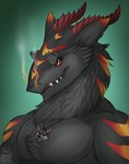 anthro black_sclera fangs fire horn jewelry male mane markings multicolored_eyes multicolored_markings necklace solo teeth teeth_showing kadohusky syvelldasergal_(lyrusfirewolf) sergal bust_portrait hi_res portrait