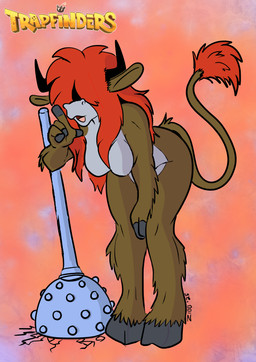 anthro breasts female hair hair_over_eyes hairy hanging_breasts horn mace medium_breasts melee_weapon red_hair solo thick_thighs transformation weapon wide_hips fabian_zibb_(artist) european_mythology greek_mythology mythology trapfinders katya_alena bovid bovine cattle mammal minotaur hi_res