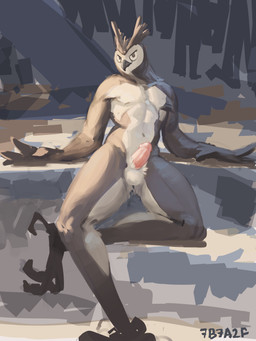 anthro avian_feet balls beak biped crossed_legs detailed_background erection feathered_crest feathers feet front_view genitals head_crest humanoid_genitalia humanoid_penis looking_at_viewer male male_anthro navel nude nude_anthro nude_male pecs penis sitting solo talons text toes 7b7a2f avian bird owl 2024 absurd_res artist_name digital_media_(artwork) hi_res