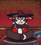 anthro claws crossed_arms crossed_legs disk eyes_closed fur head_tuft heart_nose heart_symbol male multicolored_body multicolored_fur musical_symbol parody record_player red_wings sharp_teeth simple_background sitting solo symbol teeth text tuft vinyl_disk wings killb94_(artist) hazbin_hotel metro-goldwyn-mayer tom_and_jerry tom_ching_cheng_hanji husk_(hazbin_hotel) cat_demon demon felid feline mammal sinner_demon artist_name meme