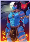 abs ankh anthro black_hair blue_body bottomwear clothing egyptian egyptian_clothing full_moon grin hair jewelry loincloth male moon muscular muscular_anthro muscular_male necklace nipples pecs red_eyes ring smile solo yellow_sclera nobody_shapes kings_of_hell lutin_lucifer demon reptile scalie snake hi_res