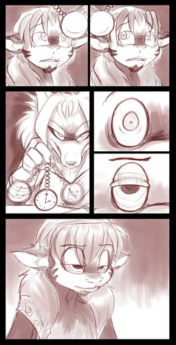 anthro clock dominant dominant_female duo facial_hair female hypnosis male mind_control pendulum pocketwatch submissive submissive_male watch conditional_dnp ebonychimera canid canine fox haplorhine mammal monkey primate comic digital_drawing_(artwork) digital_media_(artwork) hi_res monochrome