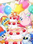2024 alien anthro artist_name avian balloon bandana_waddle_dee bird birthday birthday_cake birthday_candle birthday_party blue_body blue_feathers cake candle celebration clothing colored dessert feathers food fruit group hat headgear headwear icing inflatable king_dedede kirby kirby_(series) lit_candle male meta_knight nintendo number_candle orange_body party_hat penguin pink_body plant shaded shiyomu123 stated_age strawberry waddle_dee waddling_head watermark