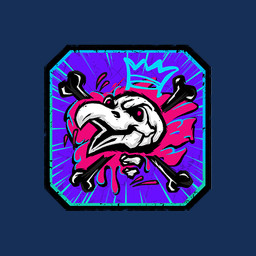 ambiguous_form ambiguous_gender badge beak black_border bone border crown derp_eyes furrowed_eyebrows headgear light motion_lines no_eyebrows no_pupils open_beak open_mouth open_smile paint pink_eyes purple_background simple_background skeleton skull_and_crossbones smile solo white_beak white_body unknown_artist dead_by_daylight accipitrid accipitriform animated_skeleton avian bird eagle undead 1:1 2026 alpha_channel colored digital_drawing_(artwork) digital_media_(artwork) english_description icon lighting official_art shaded spanish_description