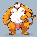 anthro balls belly blue_nose blush bodily_fluids countershading genital_fluids genitals humanoid_hands male mascot moobs nipples nude orange_body overweight overweight_anthro overweight_male penis precum simple_background solo white_body manlyster frosted_flakes kellogg's tony_the_tiger felid mammal pantherine tiger 1:1 2022 hi_res