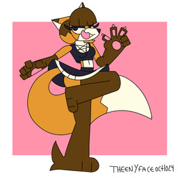 anthro bedroom_eyes bottomwear clothing crop_top dipstick_tail female gesture hair hand_gesture legwear looking_at_viewer markings narrowed_eyes open_mouth pawpads seductive shirt skirt solo standing tail tail_markings thigh_highs topwear v_sign theenyface canid canine fox mammal 1:1