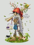 3:4 antlers bandai_namco bottomwear clothing digimon digimon_(species) feral grass group hat headgear headwear hi_res horn humanoid long_nose male perched plant puppetmon red_eyes shorts syozikin_5en walking wooden_body