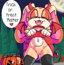anthro black_clothing black_legwear black_thigh_highs bodily_fluids bottomwear candy cat_smile clothed clothing costume dessert devil_costume fangs female food fruit genital_fluids genitals gloves handwear head_tuft heart_after_text holidays jack-o'-lantern legwear looking_at_viewer mesugaki orange_eyes plant presenting presenting_vulva pumpkin rabbit_ears raised_bottomwear raised_clothing raised_skirt seductive simple_background skirt solo spade_tail speech_bubble tail teeth thigh_highs trick-or-treating tuft vaginal_fluids vulva wings young young_anthro young_female clubbin_(artist) halloween sega sonic_the_hedgehog_(series) cream_the_rabbit lagomorph leporid mammal rabbit hi_res