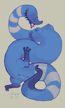 anatomically_inaccurate anus breasts busty_feral eyeless female feral genitals grey_background medium_breasts serpentine simple_background solo vulva iinfinitejester saber_(tinybeasts) unknown_species 2023 3:5 dated signature