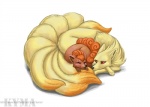 ambiguous_gender blush duo evolutionary_family feral multi_tail red_eyes tail text kyma nintendo pokemon canid canine generation_1_pokemon mammal ninetales pokemon_(species) vulpix 2014 url