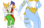 anthro blue_body blue_feathers blue_fur blue_hair butt feathers female fur group hair male simple_background tail white_background white_body white_fur fredryk_phox nintendo paintchat star_fox falco_lombardi fox_mccloud krystal_(star_fox) canid canine fox mammal