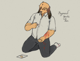 anthro blood blood_on_arm blood_on_clothing bodily_fluids bottomwear clothed clothed_anthro clothed_male clothing cutting cutting_self ears_down footwear fur gore holding_object holding_razor holding_tool kneeling long_ears looking_down male pants photo pivoted_ears razor razor_blade self-harm shirt socks solo text tools topwear yellow_body yellow_fur reynard_goodfellow smell_(mucknagabe) joseph_(mucknagabe) noi_(mucknagabe) hi_res