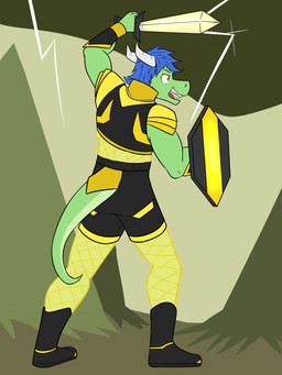 abstract_background anthro boots bottomwear clothed clothing crop_top fishnet_clothing footwear fully_clothed furgonomic_bottomwear furgonomics holding_melee_weapon holding_object holding_shield holding_sword holding_weapon male melee_weapon midriff rear_view shield shirt shoes shorts solo sword tail topwear weapon fuze mythology snort_(fuze) dragon mythological_creature mythological_scalie scalie 3:4 hi_res