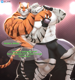 abs anthro arena biceps black_bottomwear black_clothing black_gloves black_handwear black_pants black_shorts bottomwear chain-link_fence chokehold claws clothed clothing duo fence fighting_ring finger_claws forearm_muscles fur gloves green_eyes green_text hair handwear headlock linked_speech_bubble male markings navel nipples obliques orange_body orange_fur pants pecs purple_eyes shorts speech_bubble striped_body striped_fur striped_markings striped_tail stripes tail tail_markings text topless white_body white_fur white_hair sir_z045 felid mammal pantherine tiger 2023 absurd_res hi_res
