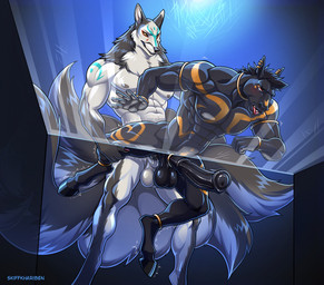 5_fingers 7_tails abs against_surface alternate_species anal anal_penetration animal_genitalia animal_penis anthro anthro_on_anthro anthro_penetrated anthro_penetrating anthro_penetrating_anthro athletic athletic_anthro athletic_male balls big_penis black_body black_fur black_hair black_nose duo ear_piercing ear_ring equine_genitalia equine_penis erection fingers fur genitals grey_body grey_fur hair hooves humanoid_hands male male/male male_penetrated male_penetrating male_penetrating_male multi_tail multicolored_body multicolored_fur nipples nude nude_anthro nude_male on_glass penetration penile penile_penetration penis penis_in_ass piercing ring_piercing sex tail two_tone_body two_tone_fur white_body white_fur skiffkhariben djoser_(psychoh13) nivhis canid canine equid equine fox horse mammal hi_res