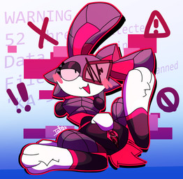 anthro bent_ear big_ears blush bodily_fluids cheek_tuft clitoral clitoral_rubbing clitoris cotton_tail exclamation_point eyeshadow facial_tuft female floating_hands fur genital_fluids genitals glowing grey_body grey_fur half-closed_eyes leg_markings looking_at_viewer makeup markings narrowed_eyes one_eye_obstructed pink_blush polygonal_body red_glow socks_(marking) solo spread_legs spreading symbol tuft vaginal_fluids vulva warning_symbol white_body white_fur tattersthebat ka-3x_(tattersthebat) digital_creature lagomorph leporid mammal rabbit cel_shading hi_res shaded