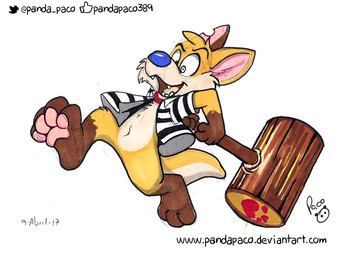 anthro blue_nose bottomless cheek_tuft clothed clothing facial_tuft fangs featureless_crotch fur gloves_(marking) hammer head_tuft leg_markings logo male male_anthro markings notched_ear open_clothing open_mouth open_smile open_topwear pattern_clothing pattern_topwear pawpads pink_pawpads smile socks_(marking) solo striped_clothing striped_topwear stripes tail tan_body tan_fur tan_tail teeth tools topwear tuft yellow_body yellow_fur yellow_tail pandapaco canid canine canis dingo hybrid kangaroo macropod mammal marsupial 2017 artist_logo signature