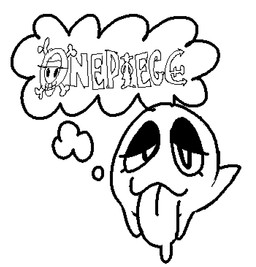 :3 ambiguous_gender drippy_tongue lidded_eyes looking_at_viewer not_furry simple_background solo thought_bubble tongue tongue_out white_background bigsteppies mario_bros nintendo one_piece boo_(mario) ghost spirit black_and_white monochrome
