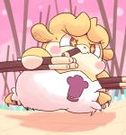 ambiguous_gender anthro blush blush_stickers bodily_fluids clothed clothing eating food fur hat headgear headwear running solo star_eyes sweat white_body white_fur yellow_body yellow_fur nettsuu himitsu_no_cocotama mogutan_(cocotama) cocotama mammal 2018